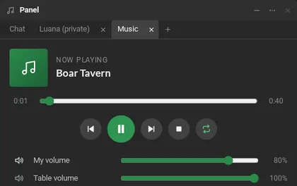 The music as the game master sees it: the playing track, the previous, pause, next, stop and repeat buttons, the personal volume, the table volume and the playlist with three tracks.