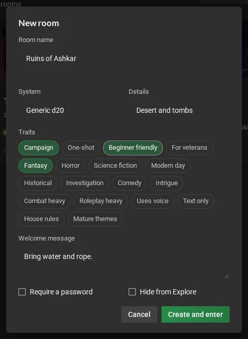 The New room dialog filled in: name, system, details, chosen traits and welcome message.