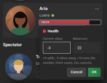 The editor for Aria's Health bar, with -3 typed in the Current value and the maximum 22, and the Cancel and OK buttons.
