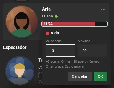 O editor da barra Vida da Aria, com o valor -3 digitado no Valor atual e o máximo 22, e os botões Cancelar e OK.