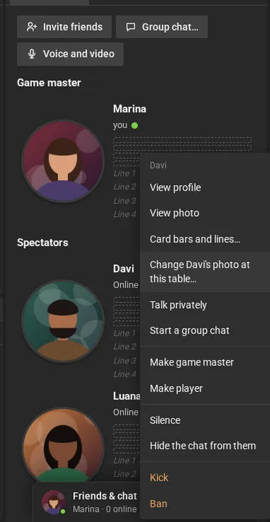 The game master's menu on Davi: view profile, view photo, card bars, change the photo, talk privately, group chat, make game master, make player, silence, hide the chat, kick and ban.