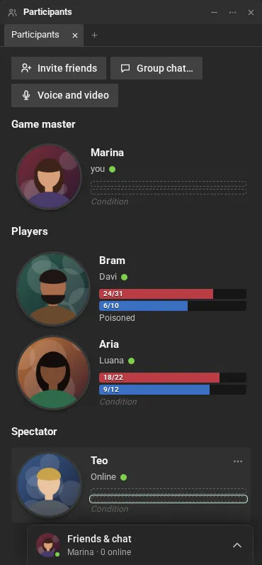 The participants list: the game master Marina; the players Bram (Davi's) and Aria (Luana's), with the health and energy bars and the Poisoned condition; and the spectator Teo.