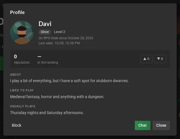 Davi's profile: picture, Silver rank, level, date they joined RPG Desk, reputation, the approve and disapprove arrows and the profile texts.