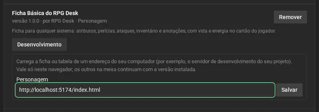A tela Desenvolvimento da Ficha Básica do RPG Desk, com o endereço http://localhost:5174/index.html para a ficha Personagem e o botão Salvar.