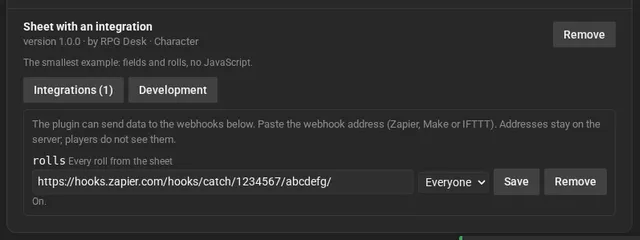 A plugin's Integrations screen: the rolls webhook, with the Zapier address pasted, Who can trigger set to Everyone, the Save and Remove buttons and the On status.