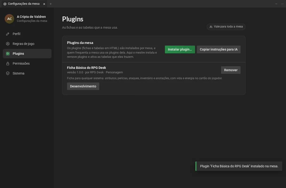 A página Plugins de uma mesa: os botões Instalar plugin e Copiar instruções para IA e a Ficha Básica do RPG Desk instalada.
