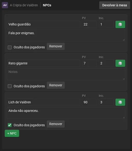 A tabela NPCs como a mestra vê: três NPCs, com PV, iniciativa, notas, o botão de rolar e a opção Oculto dos jogadores, marcada no Lich de Valdren.